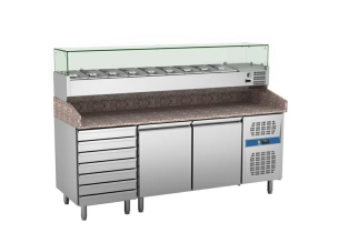 Masa rece preparare pizza, profesionala, vitrina ingrediente, inox, 2 usi si 6 sertare, 580 lt, 202*80*100 cm