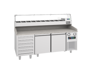 Masa rece preparare pizza FRENOX, profesionala, inox, 2 usi si 5 sertare, 615 lt, 210*80*108 cm